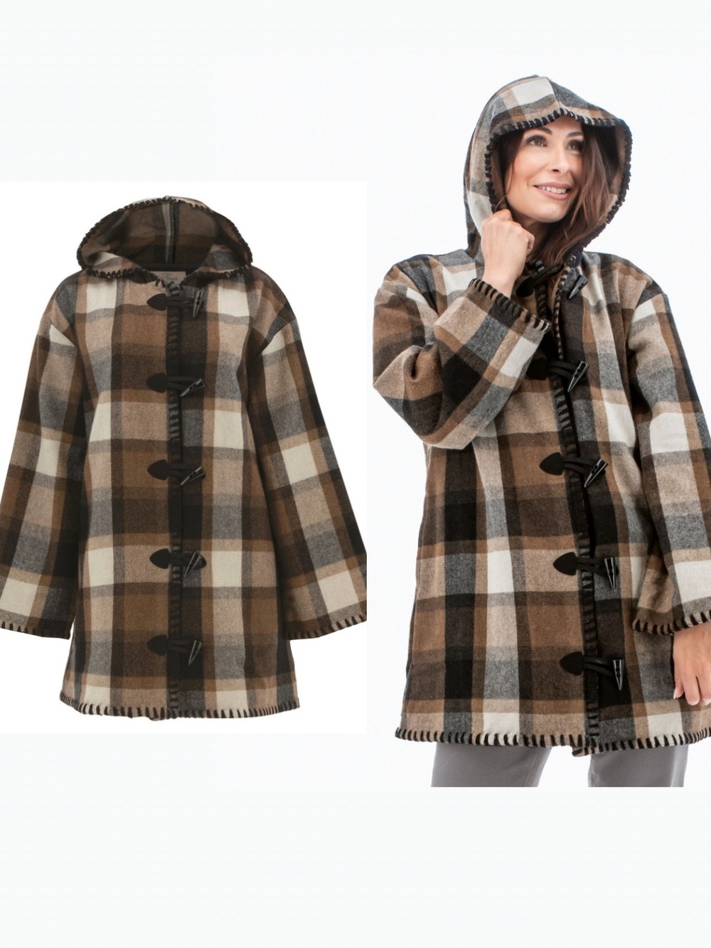 Old Ranch Ilana Plaid Blanket Coat Wool Toggle Jacket Size Medium Brown Neutral